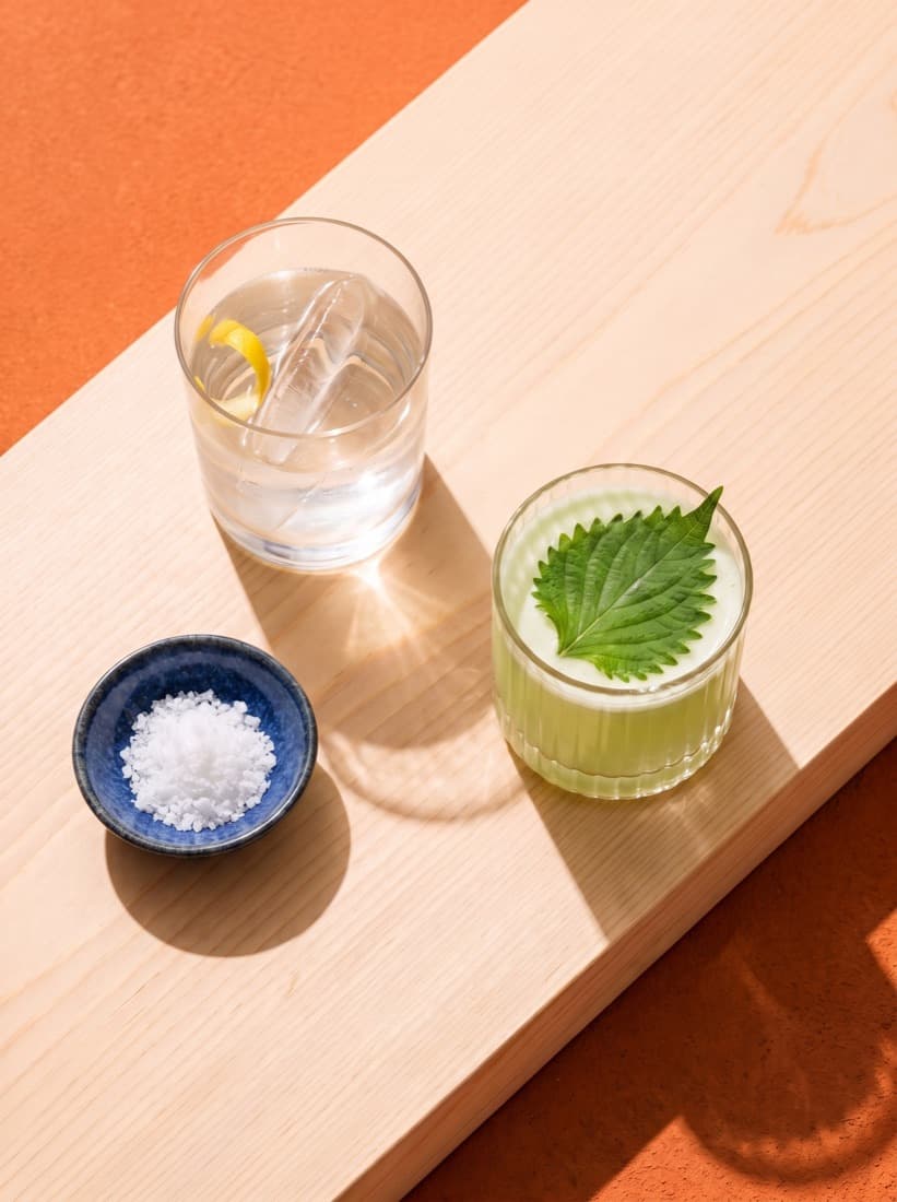 A yuzu highball and a shiso sour on the counter in hard sun
