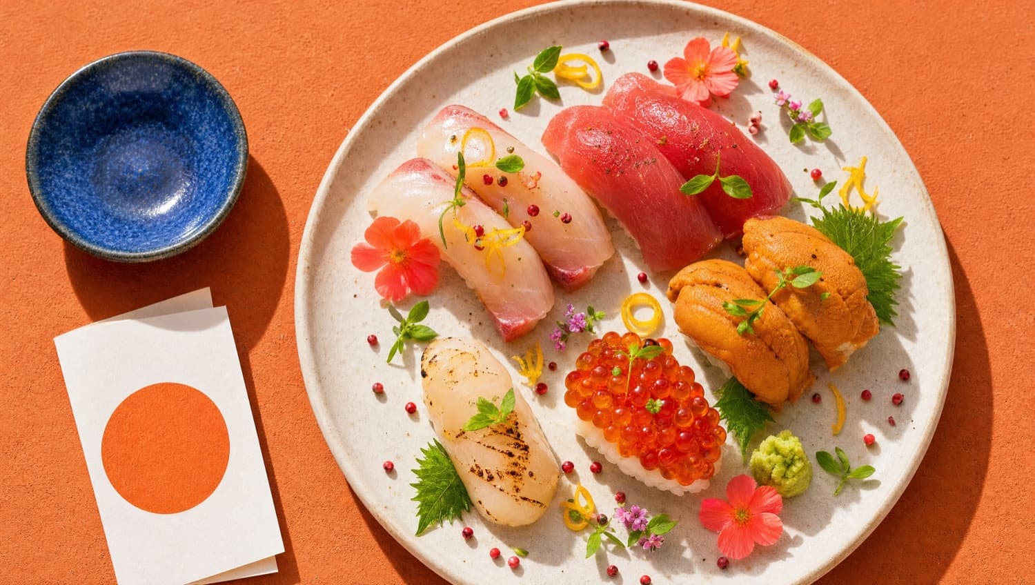 The counter selection on a pale ceramic plate against terracotta
