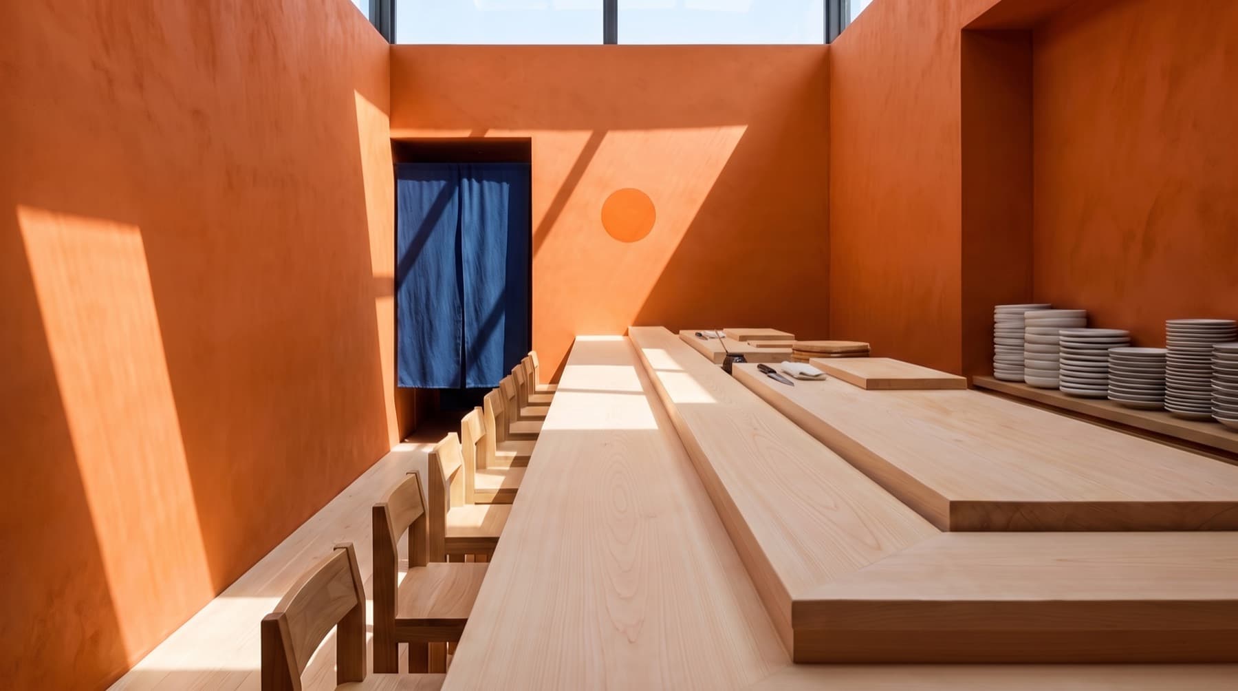 The eighteen-seat counter in hard midday sun, terracotta walls and an indigo noren at the door