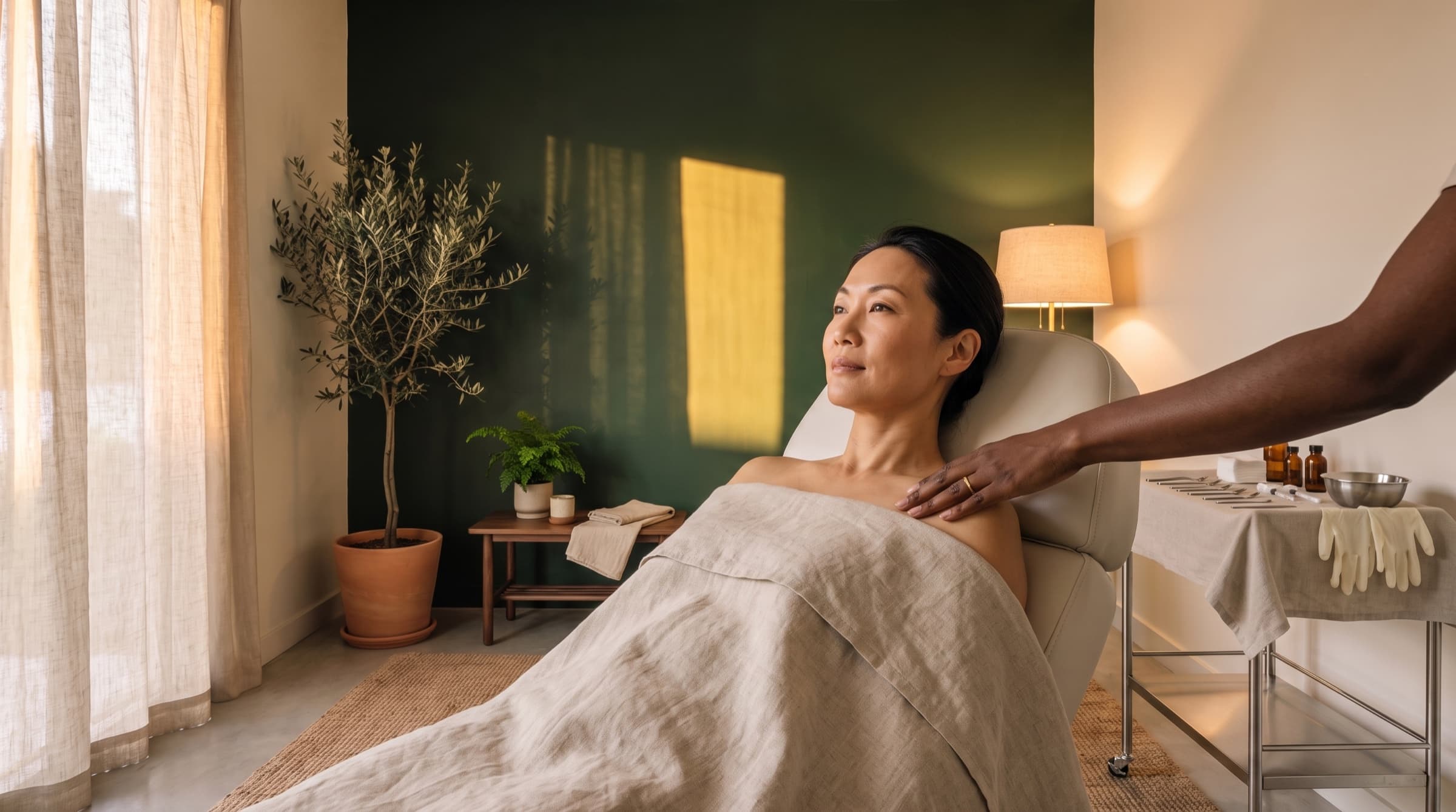 A patient lying back on the treatment bed, smiling, a hand on her shoulder