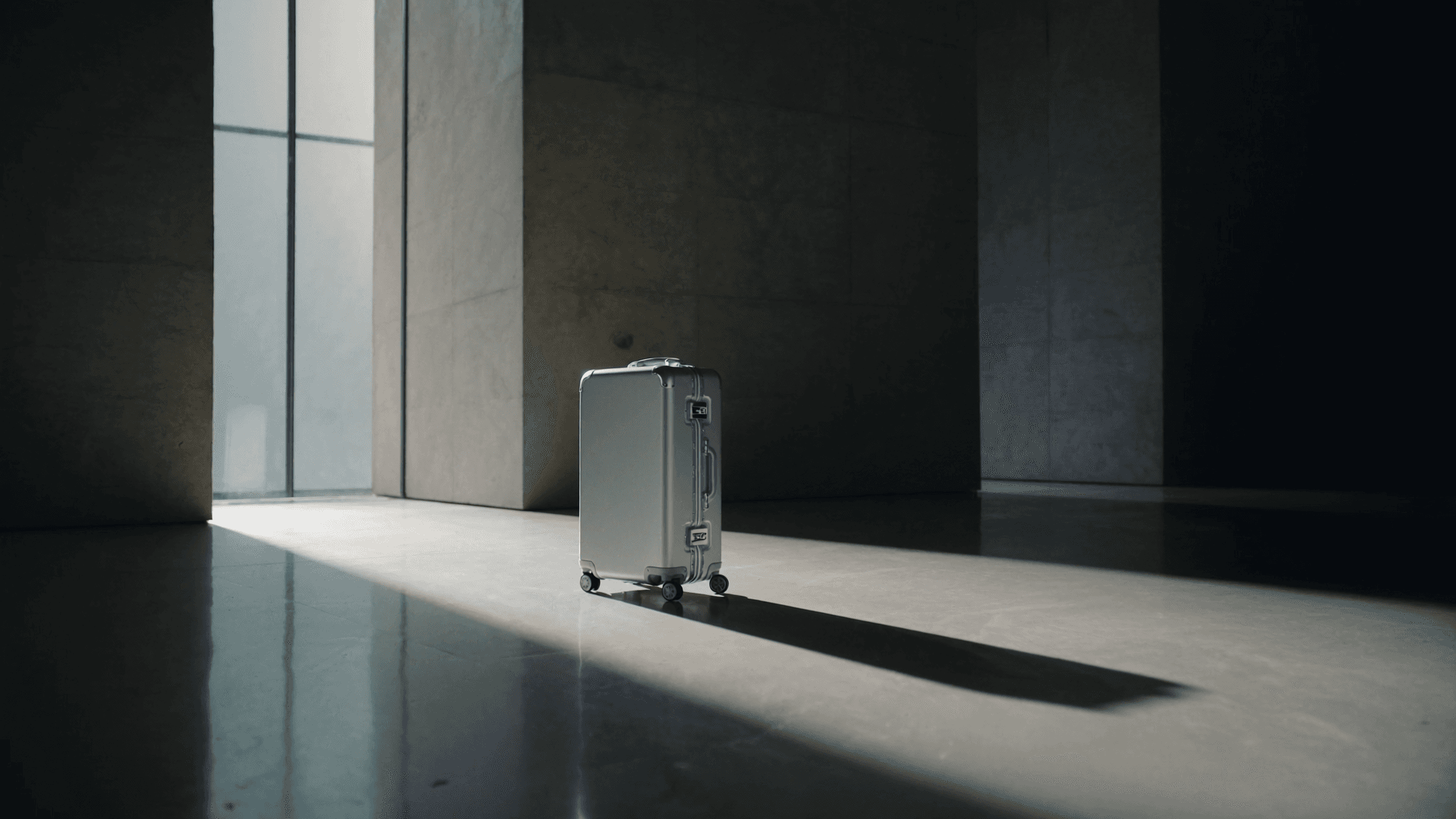 A polished aluminium Vantier carry-on case in a still architectural space